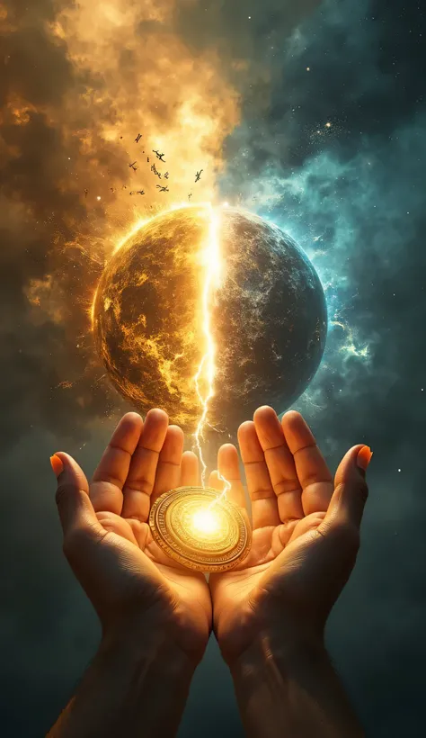 First-person perspective of your hands hovering over the relic, now split in two, offering you a choice: one half glows with a golden, restoring light, while the other radiates an ominous, chaotic energy. The environment around you is a swirling storm of r...