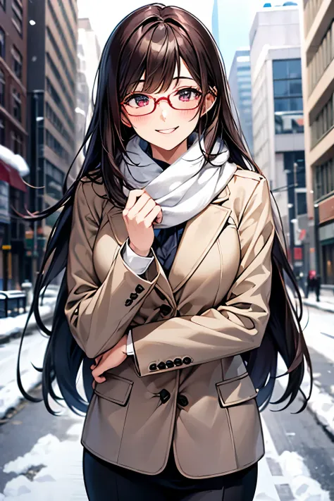 mid 30's woman with glasses, long dark hair with bangs, wearing a white scarf, wearing a business suit, awkwardly smiling at you with a slight blush, snowy street background