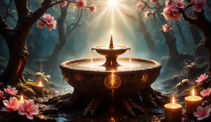 A beautifully detailed anime-style rendering of an ancient water fountain resting atop a sturdy, gnarled tree branch, its surface engraved with glowing magical runes and inlaid with shimmering gemstones. Soft candlelight flickers around it, casting a dream...