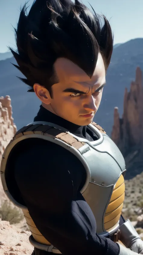 (high detailed skin:1.2), serious, looking at viewer, black spiked hair, black eyes, armor, white gloves, RAW photo,  vegeta, 1boy,  small details, photorealistic, ultra-realistic photo, 8k uhd, dslr, soft lighting, high quality, film grain, ((masterpiece)...