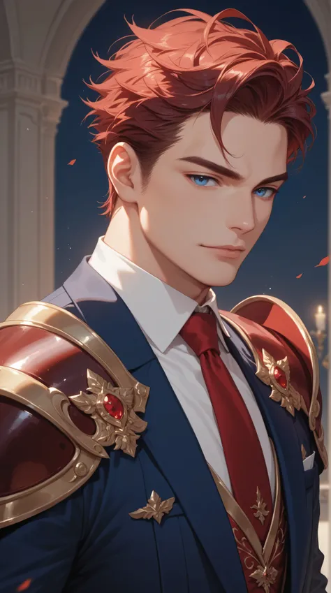 Alone,  white man, dark red hair, dark red eyebrows ,  blue eyes,  brushed backwards, dark blue elegant suit, elegant shoulder pads, elegant armour, Without anime tie, Cartoon.