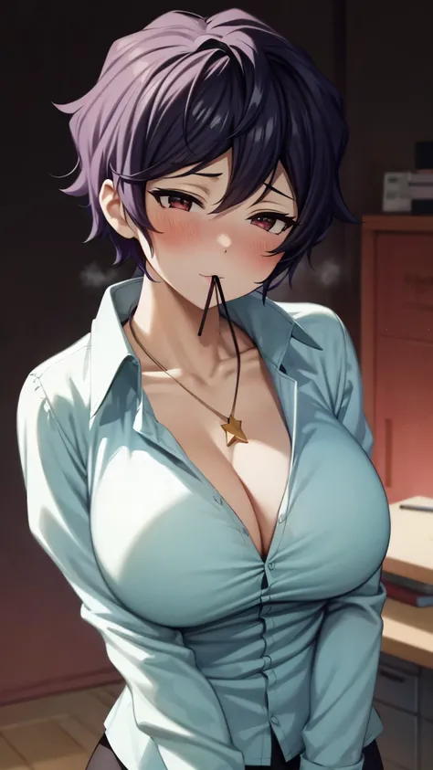 （ Super Quality , super high resolution,16k,super masterpiece,Ultra HD , detailed shading and background,）NSFW,Upper body shot,A sexy lady is looking up, Sexy White Shirts, Chest Valley, necklace, pencil skirt,blush,Open your lips a little,An office with a...