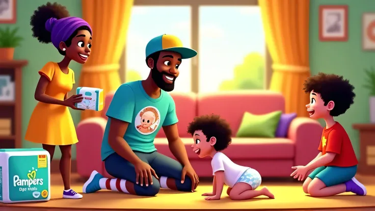 A playful, colorful living room with a mixed-race South African family of four. In the center, a mixed-race man in his 30s (dad) is wearing mismatched socks, a funny T-shirt with a diaper logo, and a baseball cap. He’s kneeling on the floor, smiling at his...