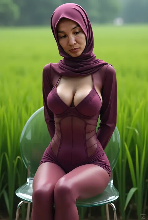 Tetek besar melayut, (Breasts:60.60), Skinny hijab skinny hijab skinny hijab skinny hijab, (photorealistic:1.6) (Indonesian maroon hijab) skinny dry aunty wear bra and (mini tiny tights Hotpants), Green background rice paddy. daytime atmosphere, don't put ...