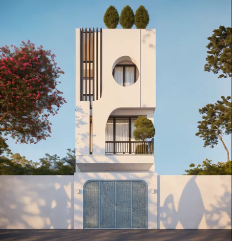 PLATFORM KTHOUSE, Many beautiful red flowers along the road:1.3, romantic, 1 MINIMALIST style house, The town house is made from white walls, beautyful light, beautyfulday, sunny, Many red bougainvilleas along the road:1.3, lovely youthful feeling :1.2, su...