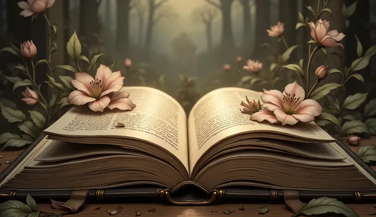 A majestic fairy-tale book, its spine gilded with intricate filigree, lays open upon a dimly lit antique desk. Double exposure reveals spring’s flowers  sprawling across the left page, , while summer sunny shimmers on the right,. A spectral echo of summer ...