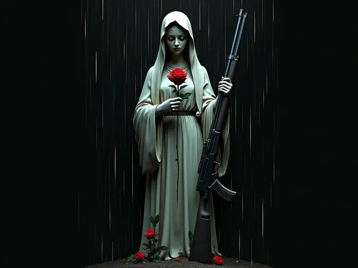 a (((Statue of a holy woman in the rain))), holding a red rose and a shotgun, Stylized,  T-shirt print, few colors, ((( black background)))