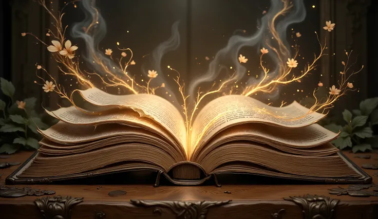 A majestic fairy-tale book, its spine gilded with intricate filigree, lays open upon a dimly lit antique desk. Double exposure reveals glowing spring’s flowers  sprawling across the left page, , while summer sunny shimmers on the right,. A spectral echo of...