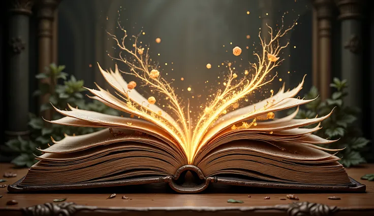 A majestic fairy-tale book, its spine gilded with intricate filigree, lays open upon a dimly lit antique desk. Double exposure reveals glowing spring’s flowers  sprawling across the left page, , while summer sunny shimmers on the right,. A spectral echo of...