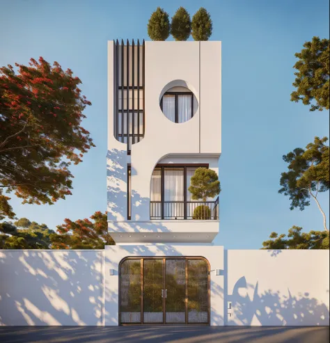 PLATFORM KTHOUSE, Many beautiful red flowers along the road:1.3, romantic, 1 MINIMALIST style house, The town house is made from white walls, beautyful light, beautyfulday, sunny, Many red bougainvilleas along the road:1.3, lovely youthful feeling :1.2, su...