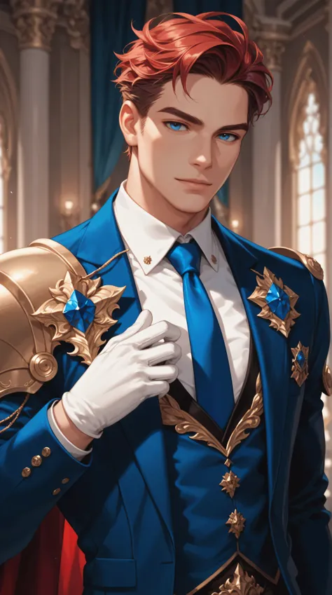 Alone,  white man, dark red hair, dark red eyebrows ,  blue eyes,  brushed backwards, dark blue elegant suit, elegant shoulder pads, elegant armour, elegant blue tie , animated, Cartoon, Gloves,  masterpiece.