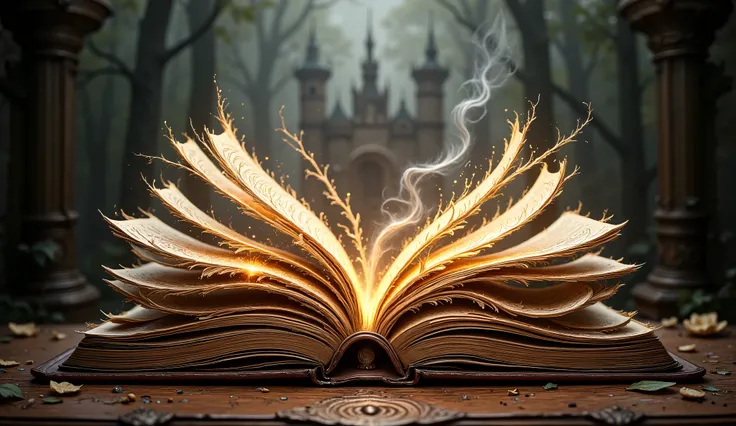 A majestic fairy-tale book, its spine gilded with intricate filigree, lays open upon a dimly lit antique desk. Double exposure reveals glowing spring’s flowers  sprawling across the left page, , while summer sunny shimmers on the right,. A spectral echo of...