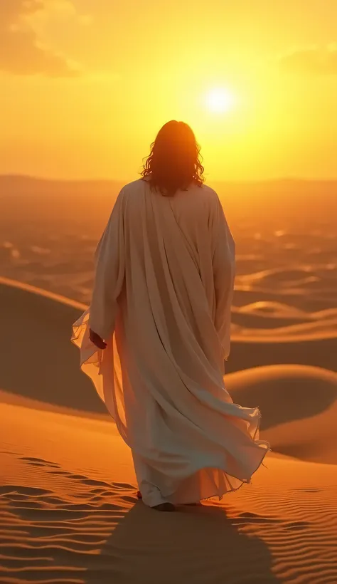 Jesus in the desert at dawn, robes gently shaken by the wind, the orange sun rising above the horizon, illuminating the golden dunes. sacred atmosphere, Ultra-realistic diffused light.