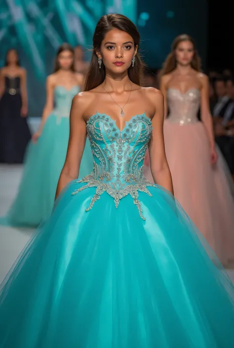 luxurious quinceañera dress in serious colors or aqua on a runway where the background is blurred and the models' faces are clear