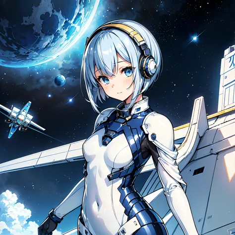 ( Masterpiece、top quality、 highest resolution、 Clear Images 、 Detailed Details ):(whole body、 20 year old girl、The Face of Japan、Small face、 slim、 dark blue super short bob cut hair 、(Hidden small breasts:1.3)、 Sparkling Blue Eyes 、white and navy blue shin...