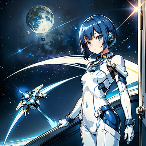 ( Masterpiece、top quality、 highest resolution、 Clear Images 、 Detailed Details ):(whole body、 20 year old girl、The Face of Japan、Small face、 slim、 dark blue super short bob cut hair 、(Hidden small breasts:1.3)、 Sparkling Blue Eyes 、white and navy blue shin...