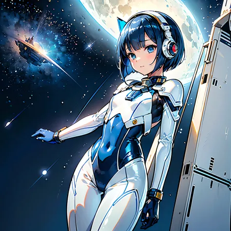 ( Masterpiece、top quality、 highest resolution、 Clear Images 、 Detailed Details ):(whole body、 20 year old girl、The Face of Japan、Small face、 slim、 dark blue super short bob cut hair 、(Hidden small breasts:1.3)、 Sparkling Blue Eyes 、white and navy blue shin...