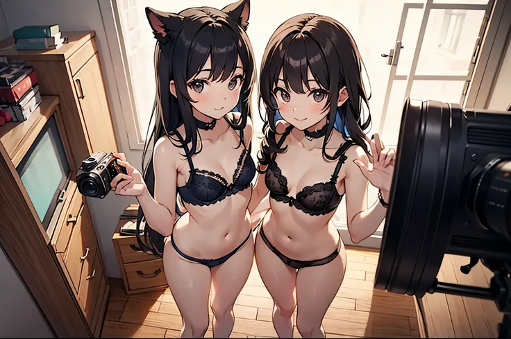 2 loli sisters, wearing underwear, standing, dynamic cute pose, interacting with the viewer, looking at camera, camera looking from above