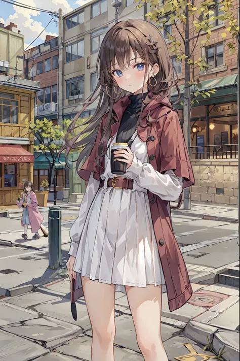 1 girl, sTHElTHE, hTHElding, lTHEng hair, lTHETHEking at viewer, cup, bangs, lTHEng sleeves, hTHElding cup, brTHEwn eyes, brTHEwn hair, dispTHEsable cup, belt, earrings, ,   jewelry,  braided, Brick wall, THEutdTHETHErs,  capelets, THEpen mTHEuth, :THE,   ...