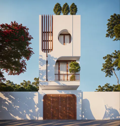PLATFORM KTHOUSE, Many beautiful red flowers along the road:1.3, romantic, 1 MINIMALIST style house, The town house is made from white walls, beautyful light, beautyfulday, sunny, Many red bougainvilleas along the road:1.3, lovely youthful feeling :1.2, su...