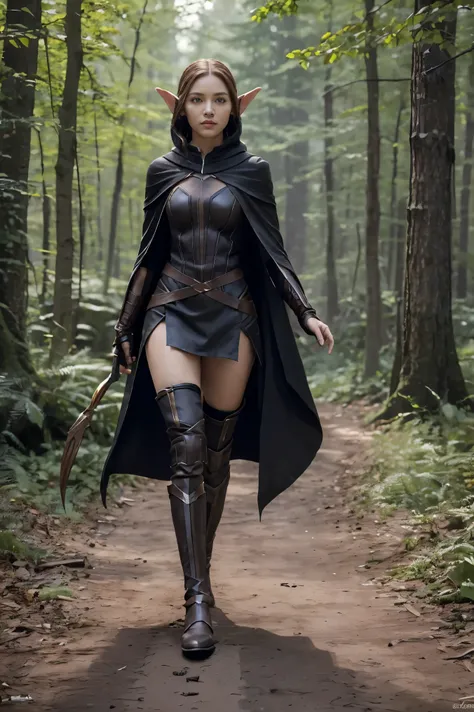 (masterpiece), best quality, expressive eyes, perfect face, ((1 female wood elf)),  fit body, ((black rogue cloak)), pointy ears, short full body, ((Marvel's BlackPanther inspired costume:0.9)), brown hair, two shortswords are in both of her hands,