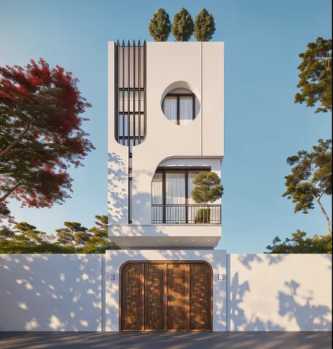 PLATFORM KTHOUSE, Many beautiful red flowers along the road:1.3, romantic, 1 MINIMALIST style house, The town house is made from white walls, beautyful light, beautyfulday, sunny, Many red bougainvilleas along the road:1.3, lovely youthful feeling :1.2, su...