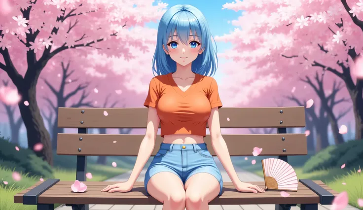  A Japanese-style anime character , 18 years old,  with straight shoulder-length hair , light blue medium vibrant (#549ed9)  and intense blue eyes , she is sitting on a wooden bench in a stunning Japanese park, surrounded by flowering cherry trees. The pin...