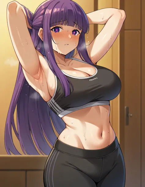 score_9, score_8_up, score_7_up, source_anime, fern, long hair, bangs, purple eyes, purple hair, sidelocks, blunt bangs, bright pupils, half updo, large breasts, blush, armpits arms behind head, , navel, pants, sports bra, stomach, yoga pants, sweat, parte...