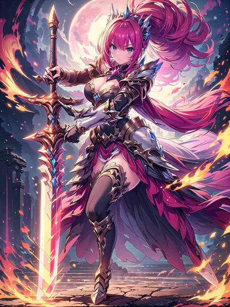 (((masterpiece, best quality, high detailed, 16k))) fantasy art, Female in metal armor holding a perfect sword, ((sword of flame)), ((close-up of sword)), (huge sword), PlantedSword, pink dress, white armor, cropped shoulders armor, plate armor, armor dres...