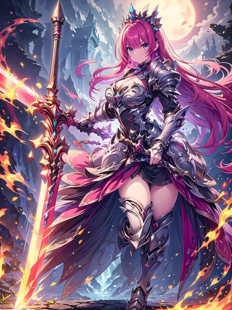 (((masterpiece, best quality, high detailed, 16k))) fantasy art, Female in metal armor holding a perfect sword, ((sword of flame)), ((close-up of sword)), (huge sword), PlantedSword, pink dress, white armor, cropped shoulders armor, plate armor, armor dres...