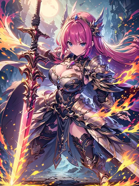 (((masterpiece, best quality, high detailed, 16k))) fantasy art, Female in metal armor holding a perfect sword, ((sword of flame)), ((close-up of sword)), (huge sword), PlantedSword, pink dress, white armor, cropped shoulders armor, plate armor, armor dres...