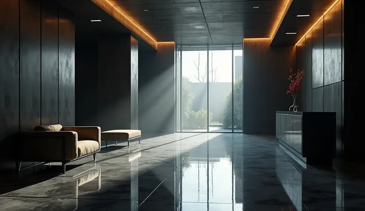 A modern office building lobby or reception area with dramatic lighting and reflective surfaces, conveying a sense of tension without depicting inappropriate situations