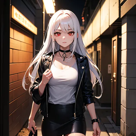 In a dark alley in the middle of the night, she wears a casual black leather jacket and a black leather skirt on a dark white t-shirt, and wears a black choker around her neck, A cynical and charming female assassin from South Korea with long white hair an...