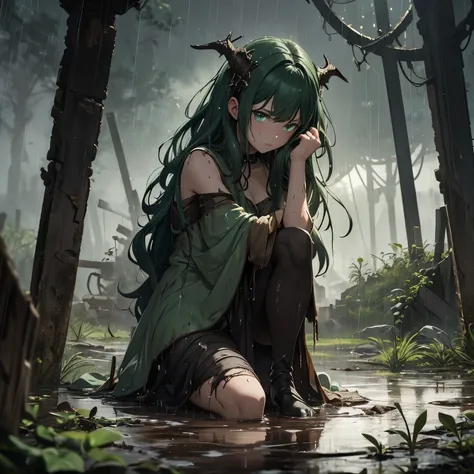 **1. Close-up shot:**  
A wounded young woman sits in the mud, rain pouring down. Her dark green hair is soaked, clinging to her bloodied face. Crystalline horns peek through tangled strands. Her torn medieval clothes are drenched and stained. She grips he...