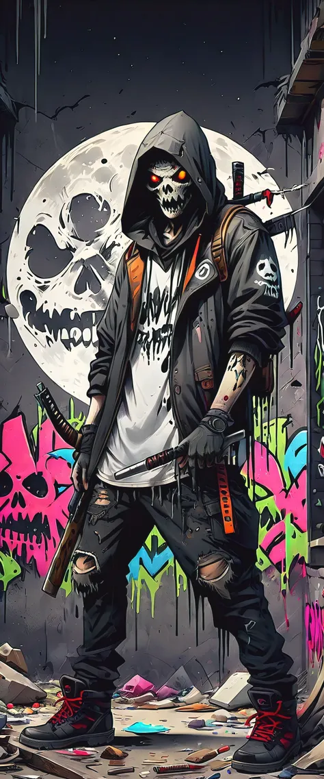 ((Post-Apocalyptic Wasteland, abandoned place, rubble, destruction, destroyed buildings graffiti on walls:1.5)), ((dark zombies, tattered clothes with hood and weapons, dynamic pose, epic:1.6)), ((background dark, full moon night:1.4)), (Masterpiece),(best...