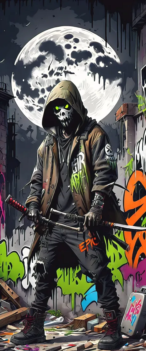 ((Post-Apocalyptic Wasteland, abandoned place, rubble, destruction, destroyed buildings graffiti on walls:1.5)), ((dark zombies, tattered clothes with hood and weapons, dynamic pose, epic:1.6)), ((background dark, full moon night:1.4)), (Masterpiece),(best...