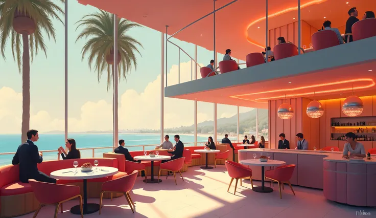 painting of elegant large restaurant with mezzanine in pastels colors ambience inspired by Denis Fremont, Denis Fremont masterpiece, in style retro futurist 1950's, by night with with bayside and palms