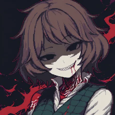 modern pixel art, masterpiece, best quality, 1girl, solo, white skin, short hair, brown hair, black eyes, smile, sharp teeth, white shirt, dark teal vest, bloodstains, streaks, dark background, shoulder mark, shaded face, flat color, limited palette, no li...
