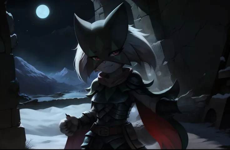 (((Meowscarda))), female, (((solo))), cat, curvy, cloak, ((rogue armor)), standing, midnight, blue aura, (inside ruins), snowy mountains, rocky, moonlight, moon, snow, snowy ground, up close. Very good figure, masterpiece, best quality