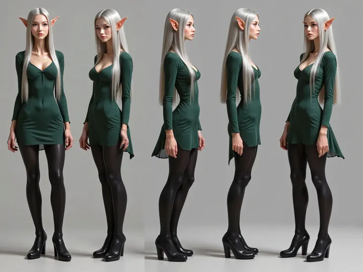 5 poses, The same very tall elf woman, long gray and straight hair ,  tall with extended neck and legs,  standing full-length image, it's elongated,  broad shoulders, pale skin, slightly muscular , stands straight, legs shoulder width apart in five poses, ...