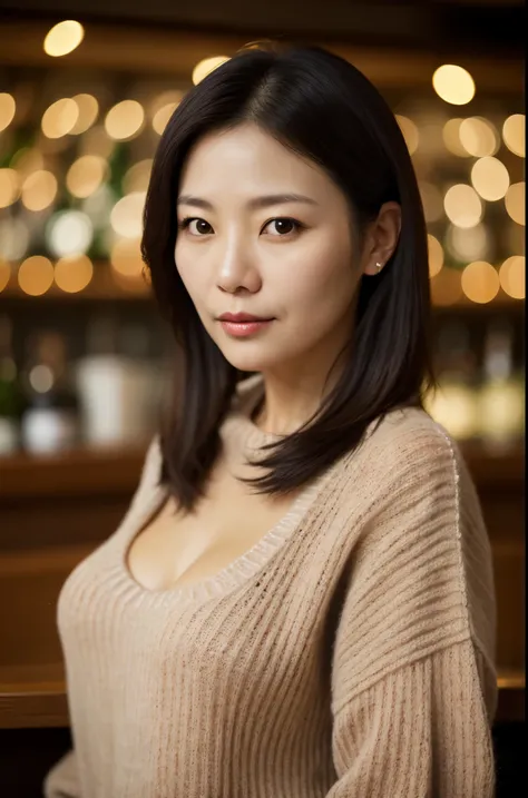 Portrait of a middle-aged Korean woman, Forty years old, cute face, Slim body, Tortitz, (Big droopy:1.1), huge nipples, wear (Sexy sweater:1.2), standing in the bar, Bokeh background, Simple background, (highly refined skin:1.0), (masterpiece:1.2) (lifelik...