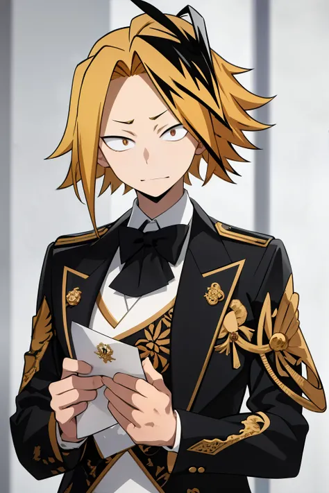  masterpiece , envelopes  , anatomy, 1 , , Looking at the spectator, upper body, Kaminari_blonde hair,  multicolored  _hair, gala suit, elegant face mask, theme:  Mascara Party, Clothing style: Principle