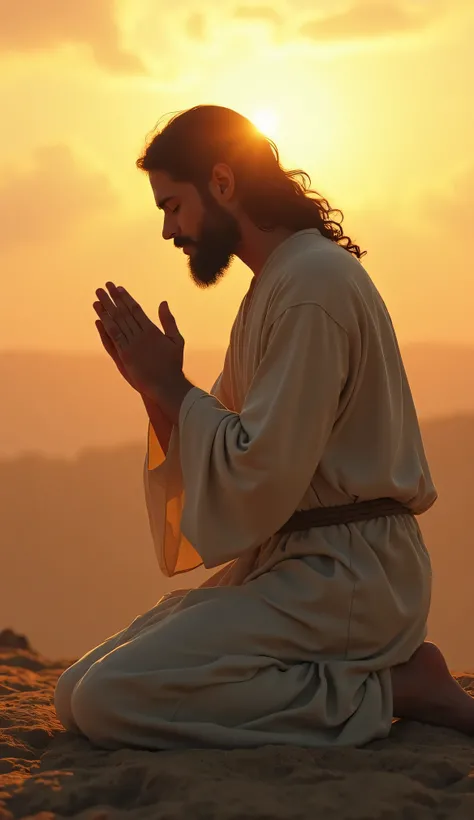 Jesus kneeling in prayer, with the rising sun shining a warm and peaceful light around Him. Expression of deep faith,  hyper realistic details. one