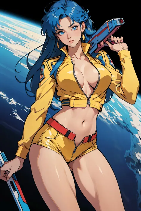 ((Masterpiece, highest quality; 1.3)), super quality, beautiful detail, super detailed, extra fine, 16K, exquisite, absurd, high resolution, beautiful eyes, beautiful skin, anime style, 1 person,  long BLUE hair beauty YURI from Dirty Pair in a yellow outf...