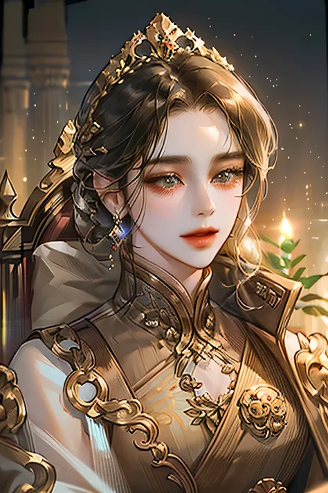 empress woman, wearing a brown gown, light brown eyes, , long wavy black hair, sitting on a throne, thin body, galaxy scenery, light smile, half body, fair skin, charming look, circle face, (best quality,4k,8k,highres,masterpiece:1.2),ultra-detailed,(reali...