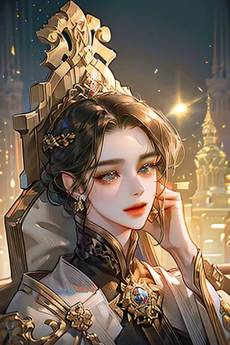 empress woman, wearing a brown gown, light brown eyes, , long wavy black hair, sitting on a throne, thin body, galaxy scenery, light smile, half body, fair skin, charming look, circle face, (best quality,4k,8k,highres,masterpiece:1.2),ultra-detailed,(reali...