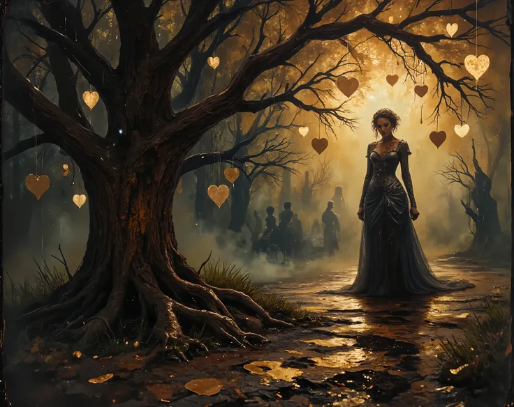 a solitary figure dressed in a flowing black gown, standing underneath a gnarled, leafless tree. The tree is adorned with numerous golden, heart-shaped ornaments that hang delicately from its branches, creating a striking visual contrast against the dark b...