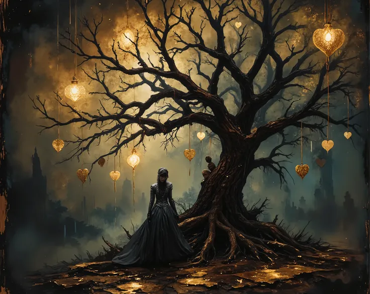a solitary figure dressed in a flowing black gown, standing underneath a gnarled, leafless tree. The tree is adorned with numerous golden, heart-shaped ornaments that hang delicately from its branches, creating a striking visual contrast against the dark b...