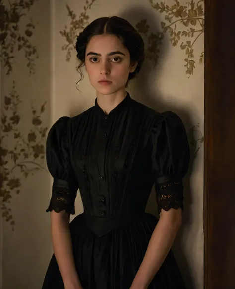 A young woman soli in a long, elegant late 19th-century black dress, standing alone in a dimly lit room. She has delicate features, deep thoughtful eyes, and a melancholic expression. Her wavy dark hair is loosely tied back, with a few strands falling over...
