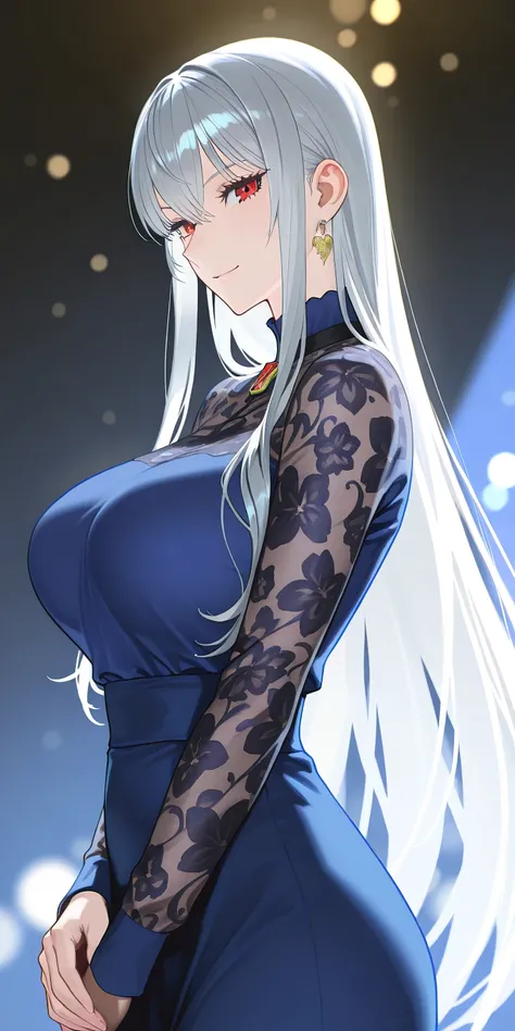 Masterpiece, elegant mature woman, selvaria bles, red eyes, casual clothes, long sleeve shirt, tall body, upper body, dynamic lighting, ultra detailed, highres, absurdres, senjou no valkyria (series), mik blamike art style, newest, blue dress with long sle...